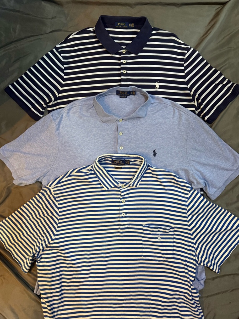 Lot Of 3 Men’s XL Ralph Lauren Polo Short Sleeve Shirts Stripes Solid Blue White